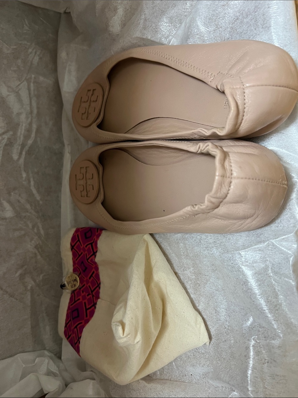 Tory Burch Nude Leather Ballet Flats with Logo Medallion